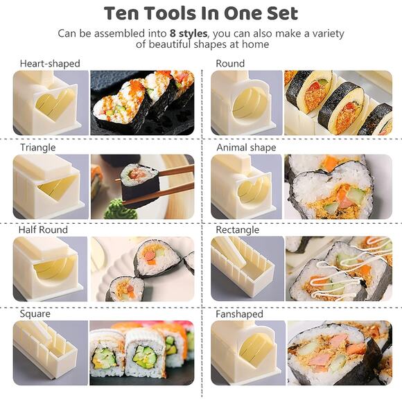 Sushi Making Kit- All In One Sushi Set 10 Piece Plastic with 8 Different Shapes - Picture 3 of 5